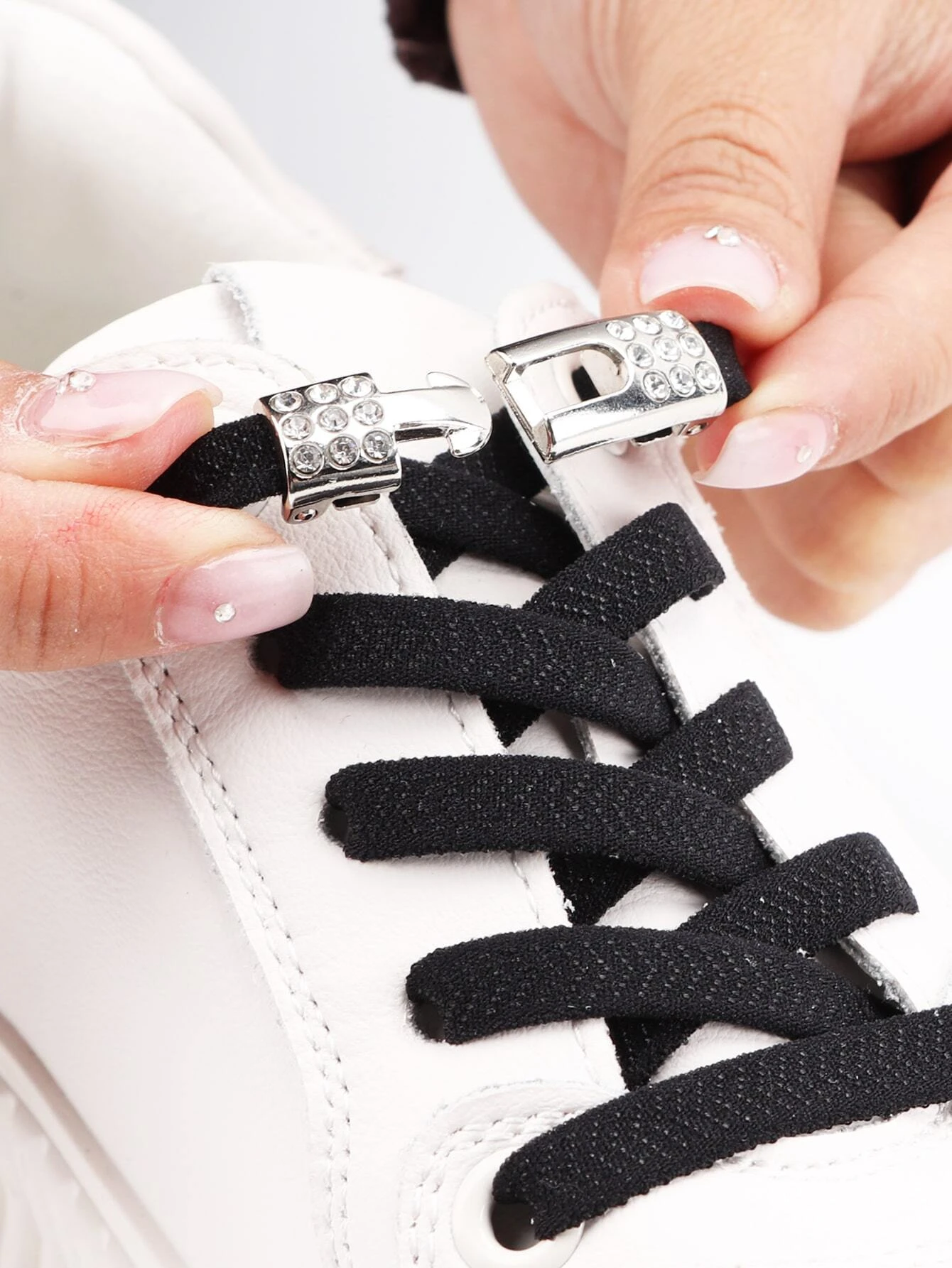 One pair of rhinestone decor no-tie shoelaces with buckle, polyester fashionable accessories designed for sneakers, adding a touch of sparkle and convenience to your footwear while staying stylish.