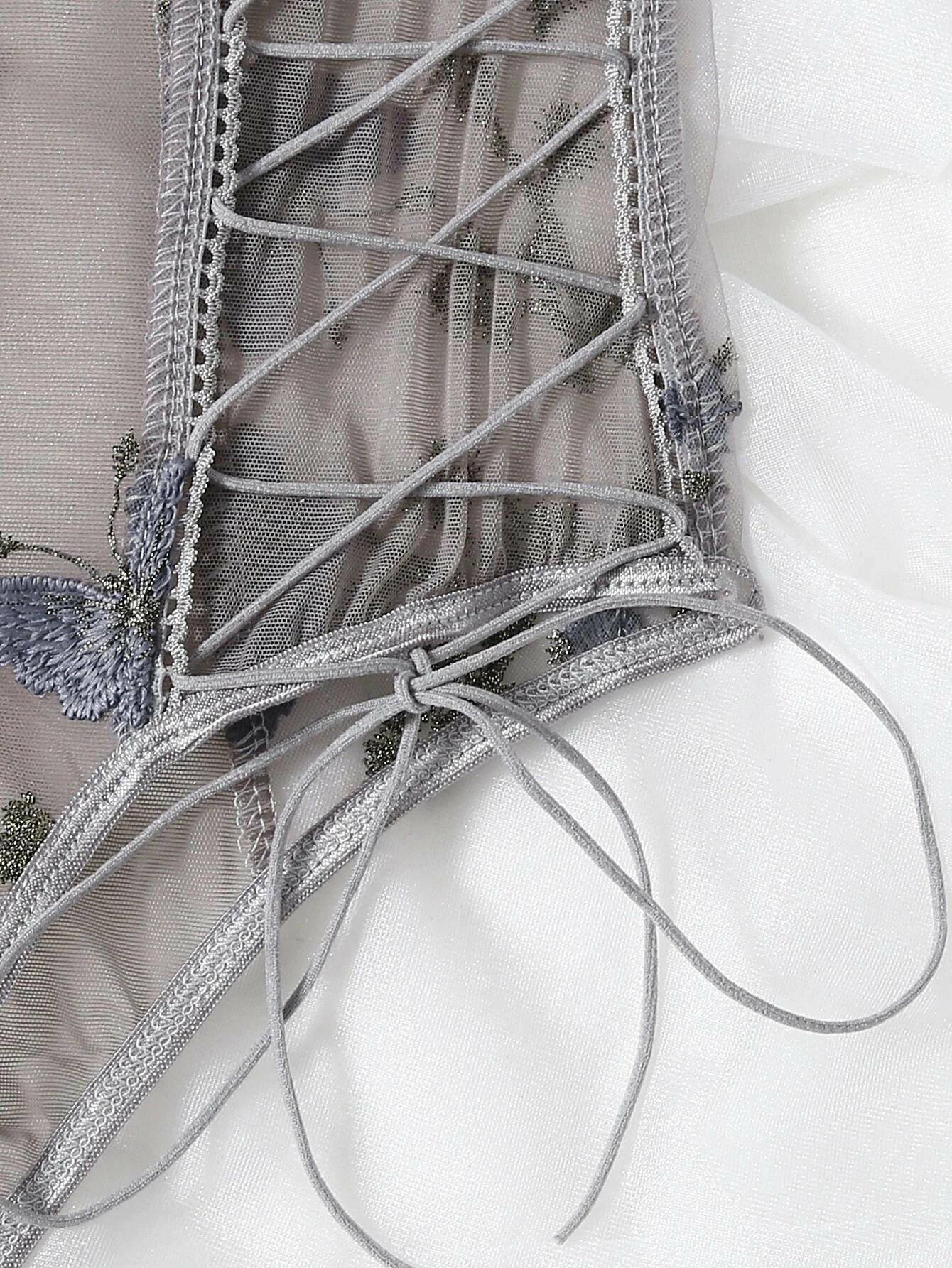 Gray Butterfly Embroidered Mesh Teddy Bodysuit