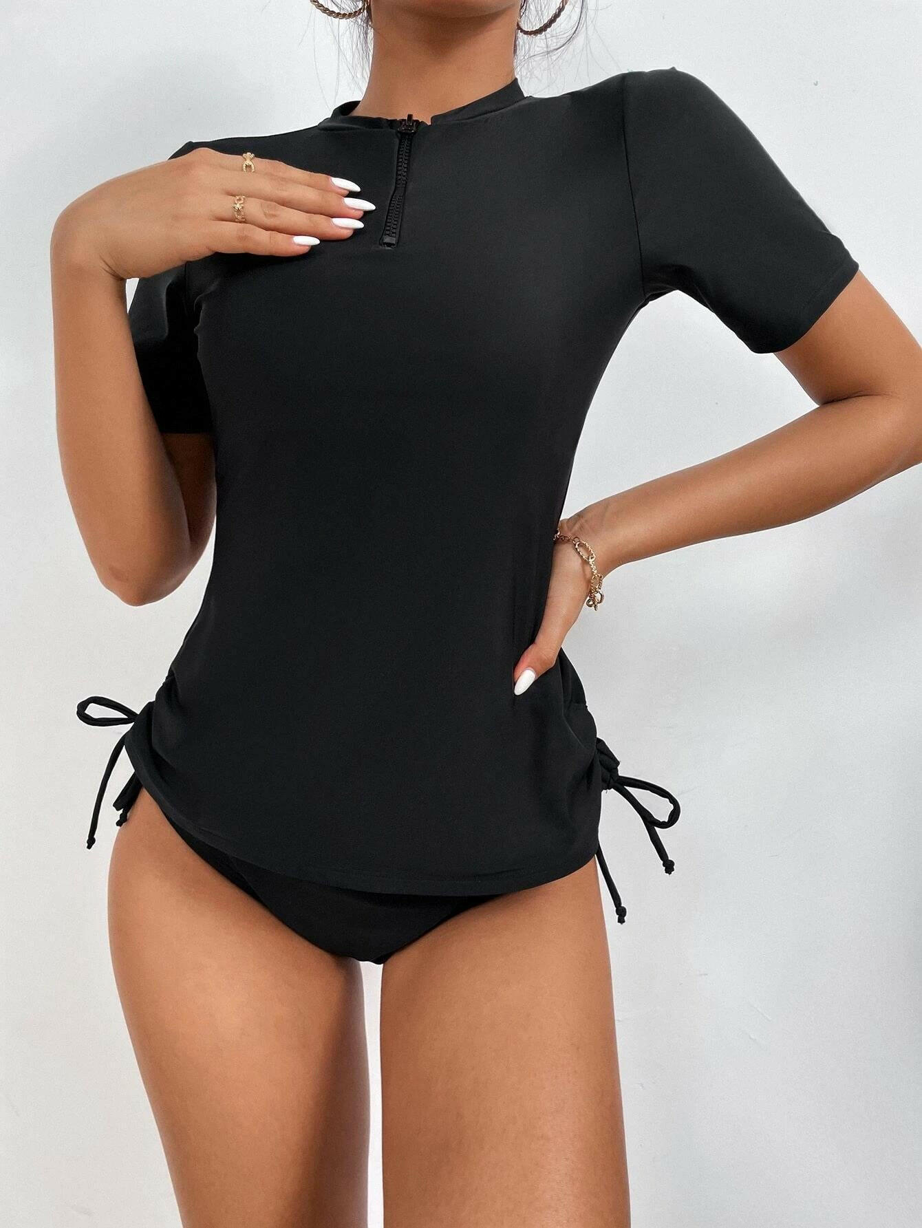 Plain Zip Front Tie Side Bikini Swimsuit
