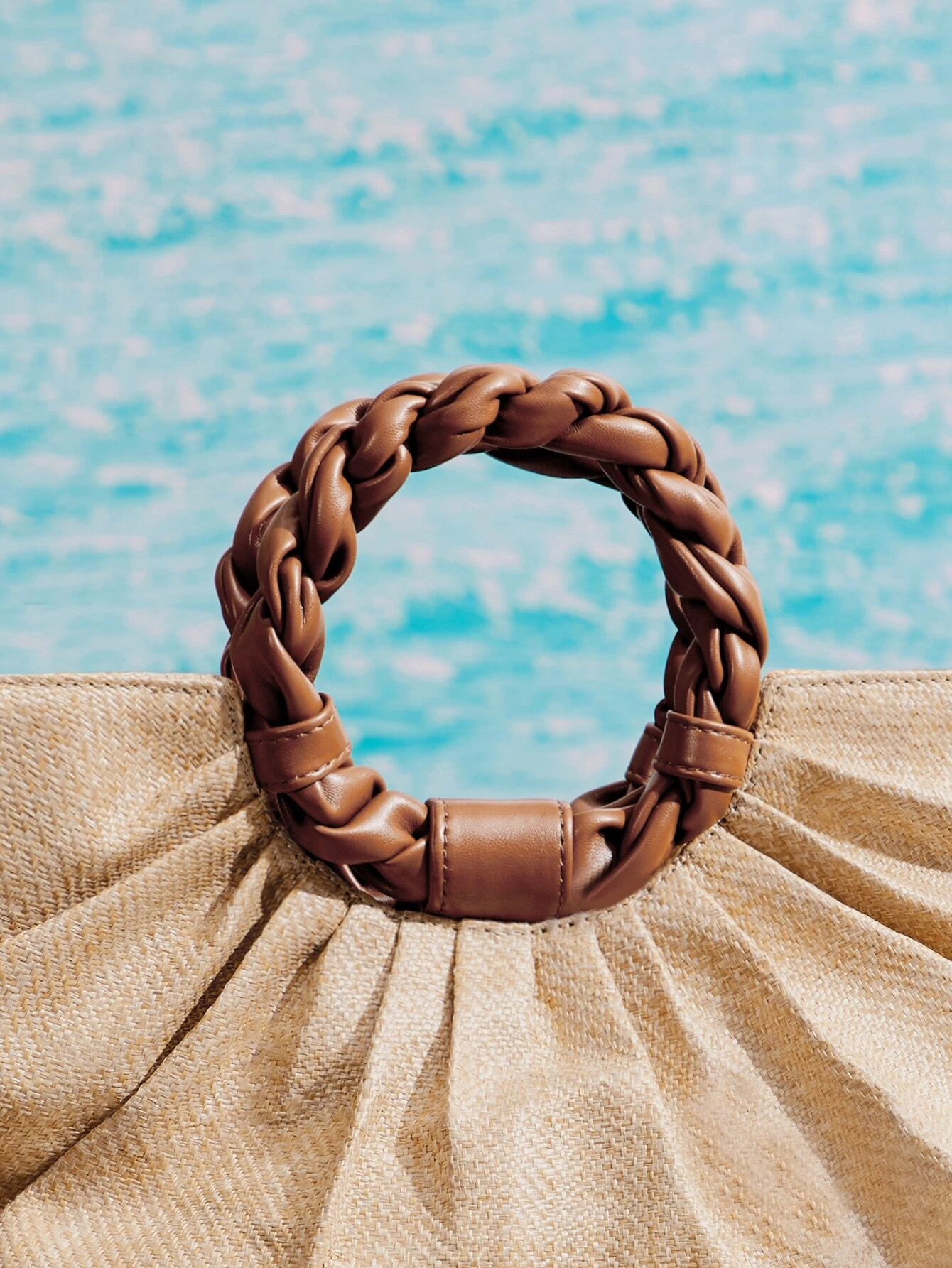 Braided Strap Ruched Straw Top Handle Bag