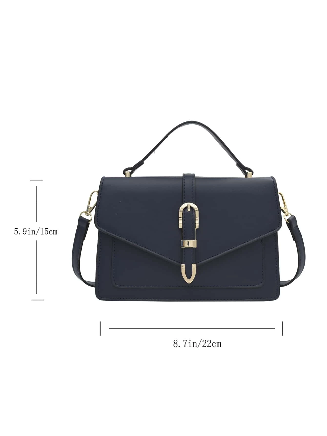 Minimalist navy blue square bag with metal decorative elements and flap closure. This accessory combines modern design with stylish embellishments, offering a chic and visually appealing way to carry your essentials.
