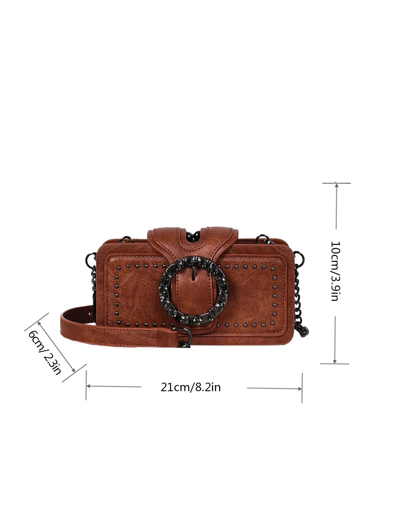Square bag adorned with studded and buckle decorations. This accessory adds a touch of edgy style to your ensemble, featuring a combination of studs and buckles that enhance its visual appeal.