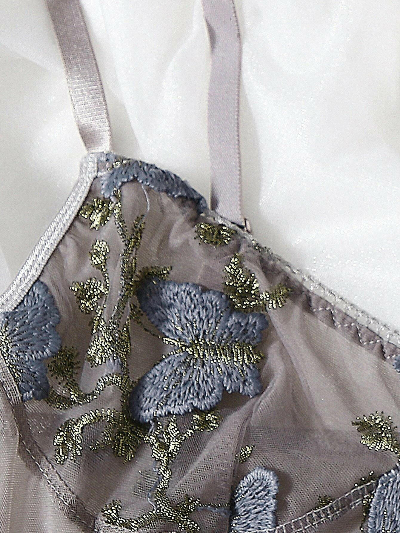 Gray Butterfly Embroidered Mesh Teddy Bodysuit