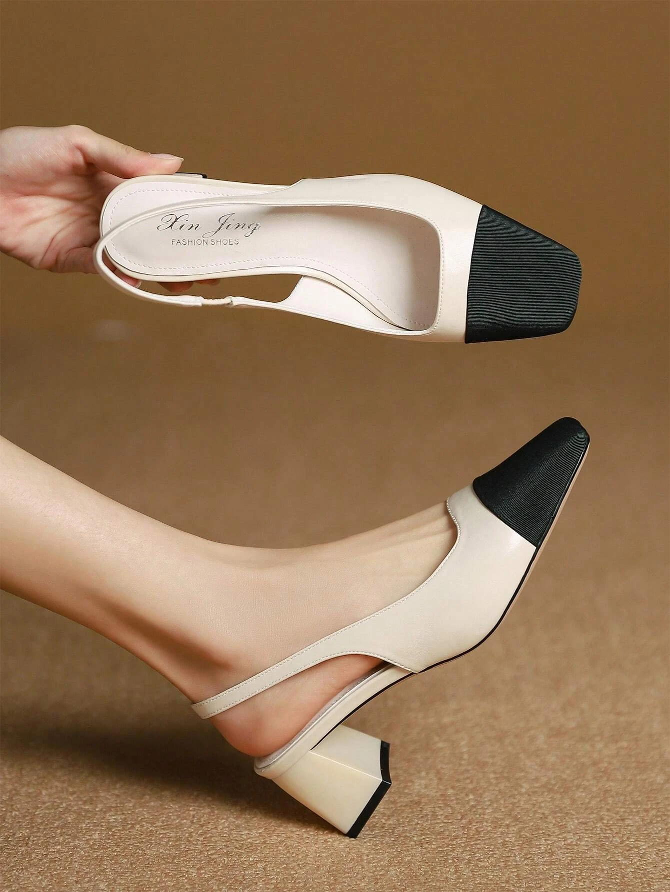 Two Tone Square Toe Chunky Heeled Slingback Pumps Estilo Philippines