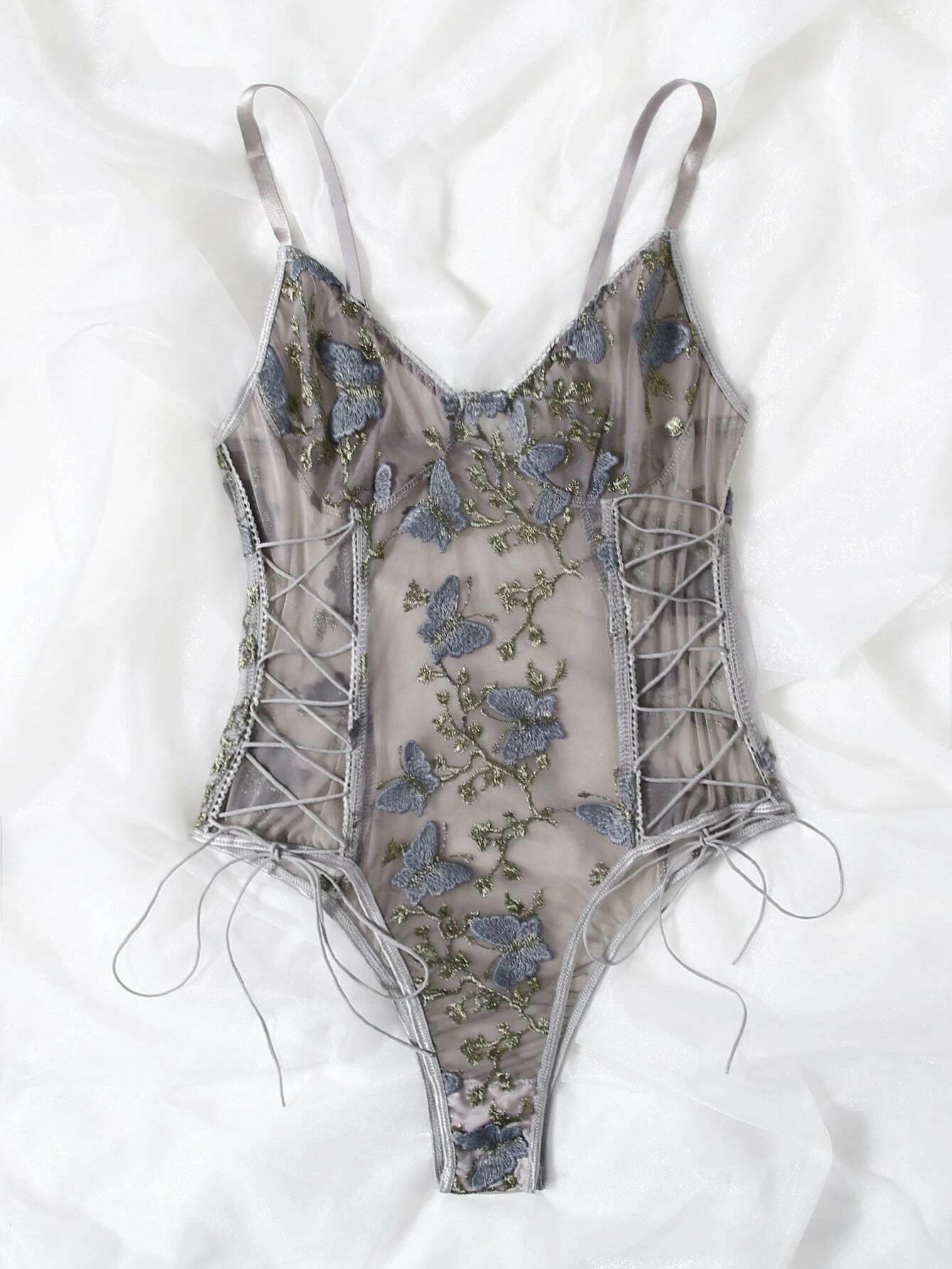 Gray Butterfly Embroidered Mesh Teddy Bodysuit