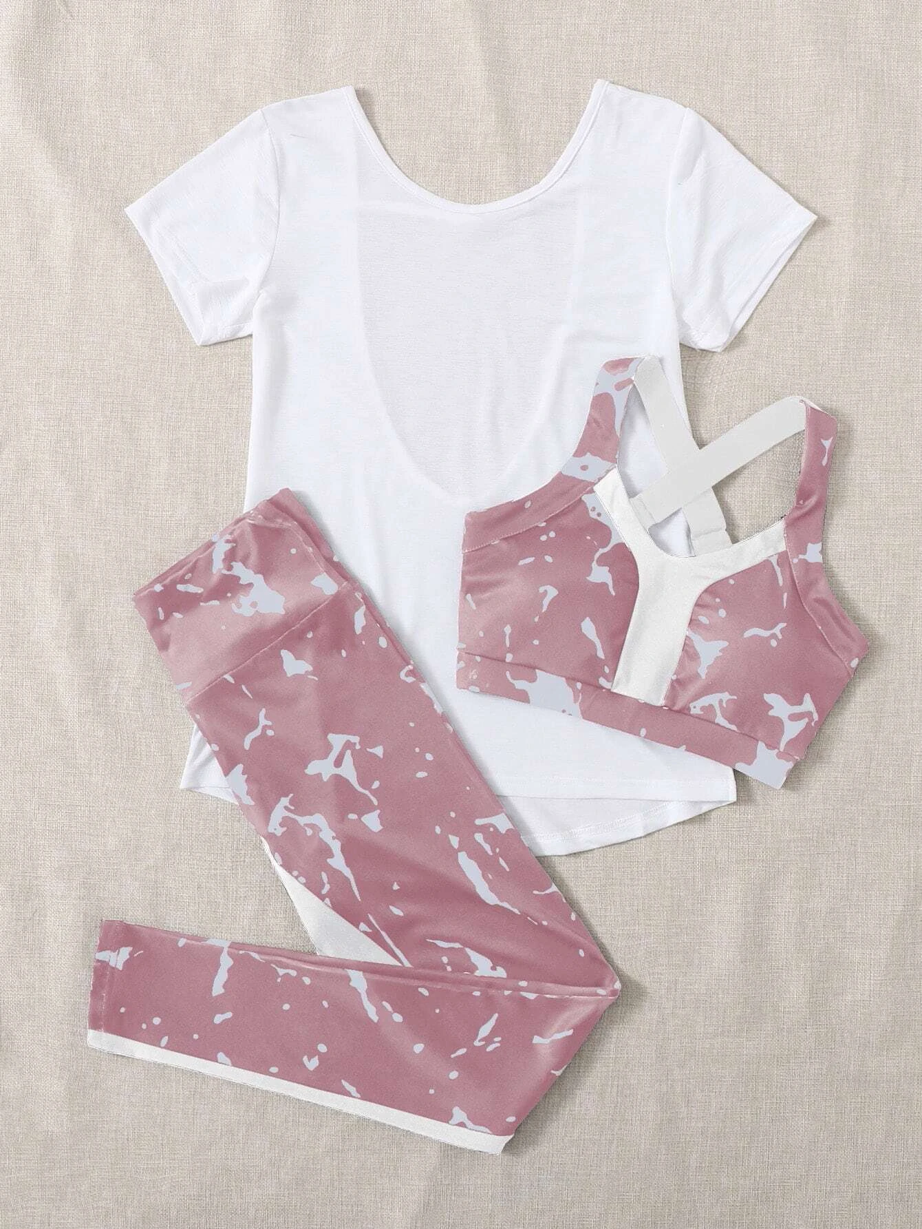 3pack Graphic Print Sports Bra & Leggings & Tee