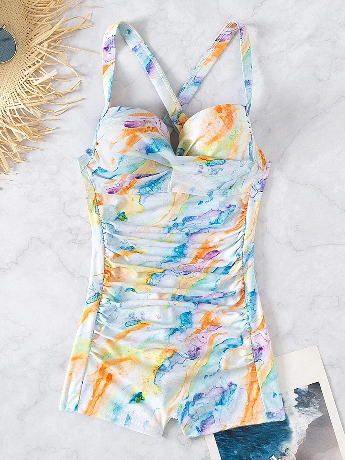 Marble Print Underwire Push Up One Piece Swimsuit