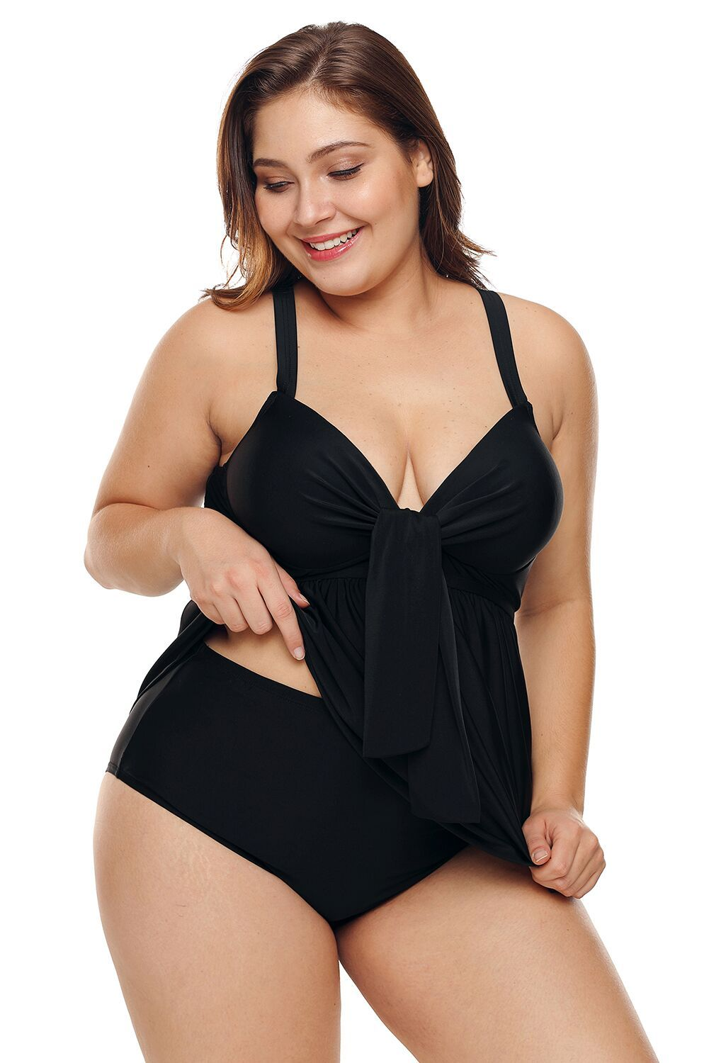 Black Plus Size Knotted Pleated Babydoll  Swimwear
