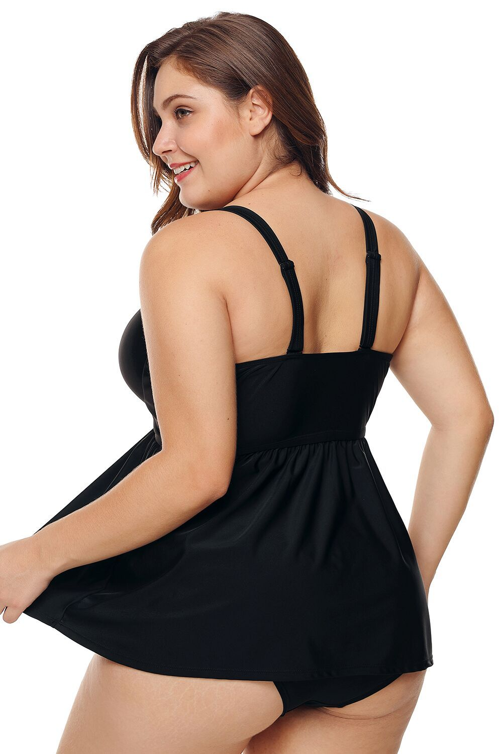 Black Plus Size Knotted Pleated Babydoll  Swimwear