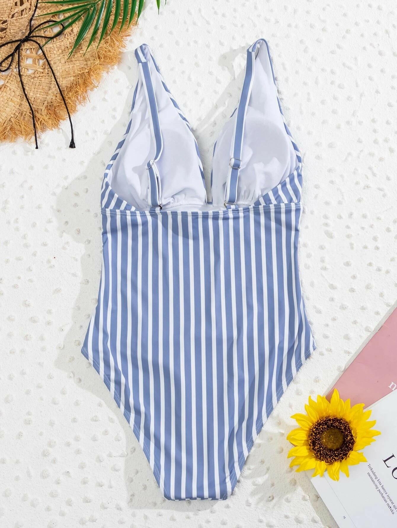 Striped Plunging One-Piece Swimsuit