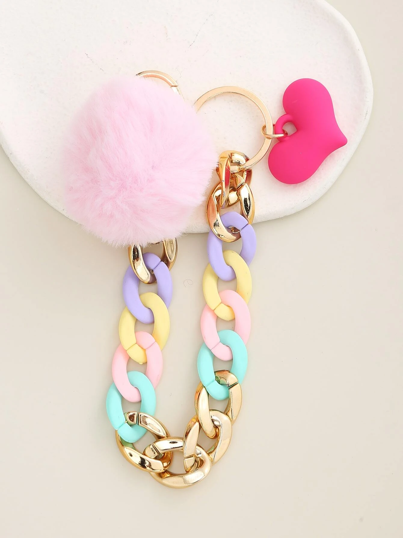Fluffy Heart Colorful Chain Charm Keychain