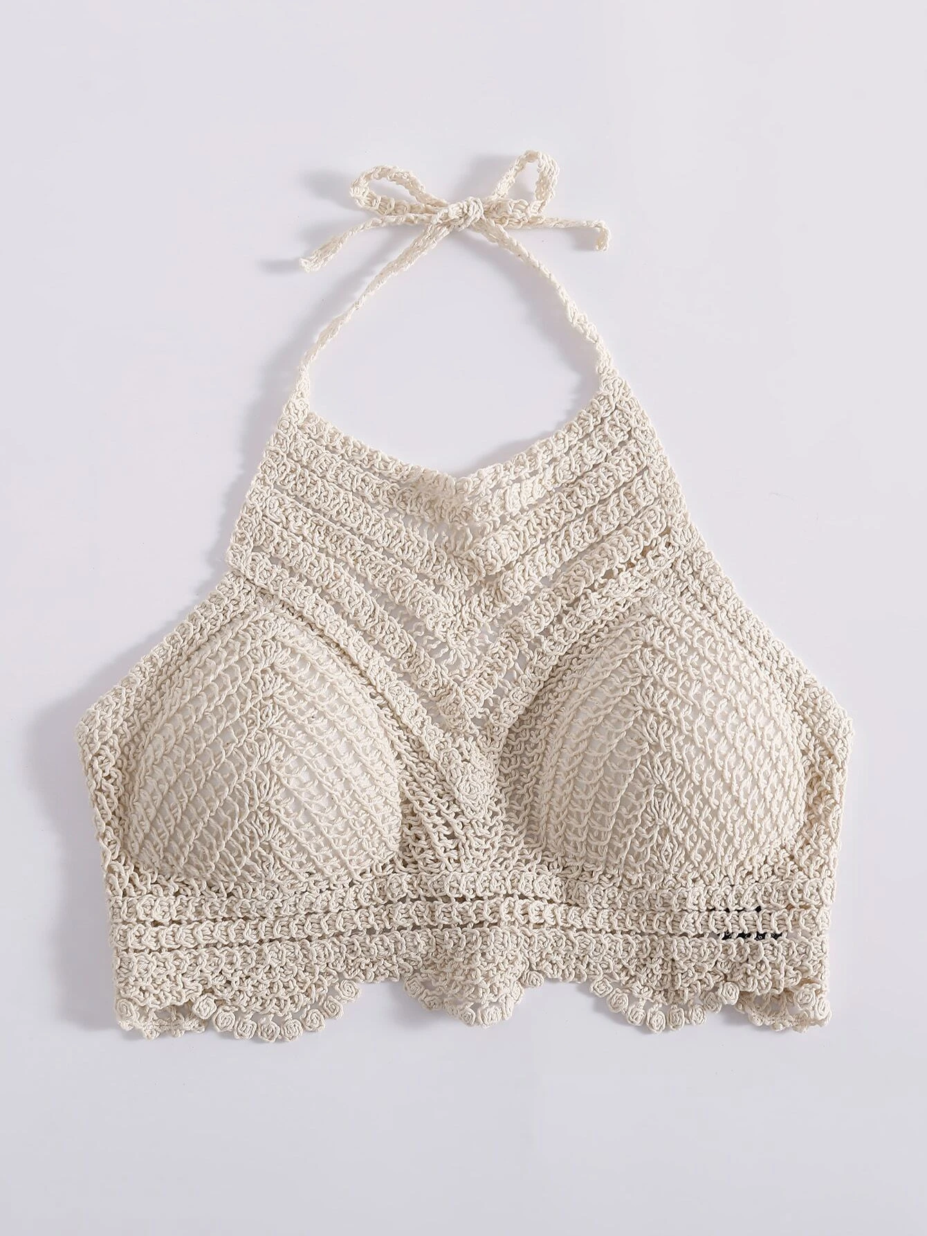 Scallop Trim Halter Push Up Crochet Bikini Top