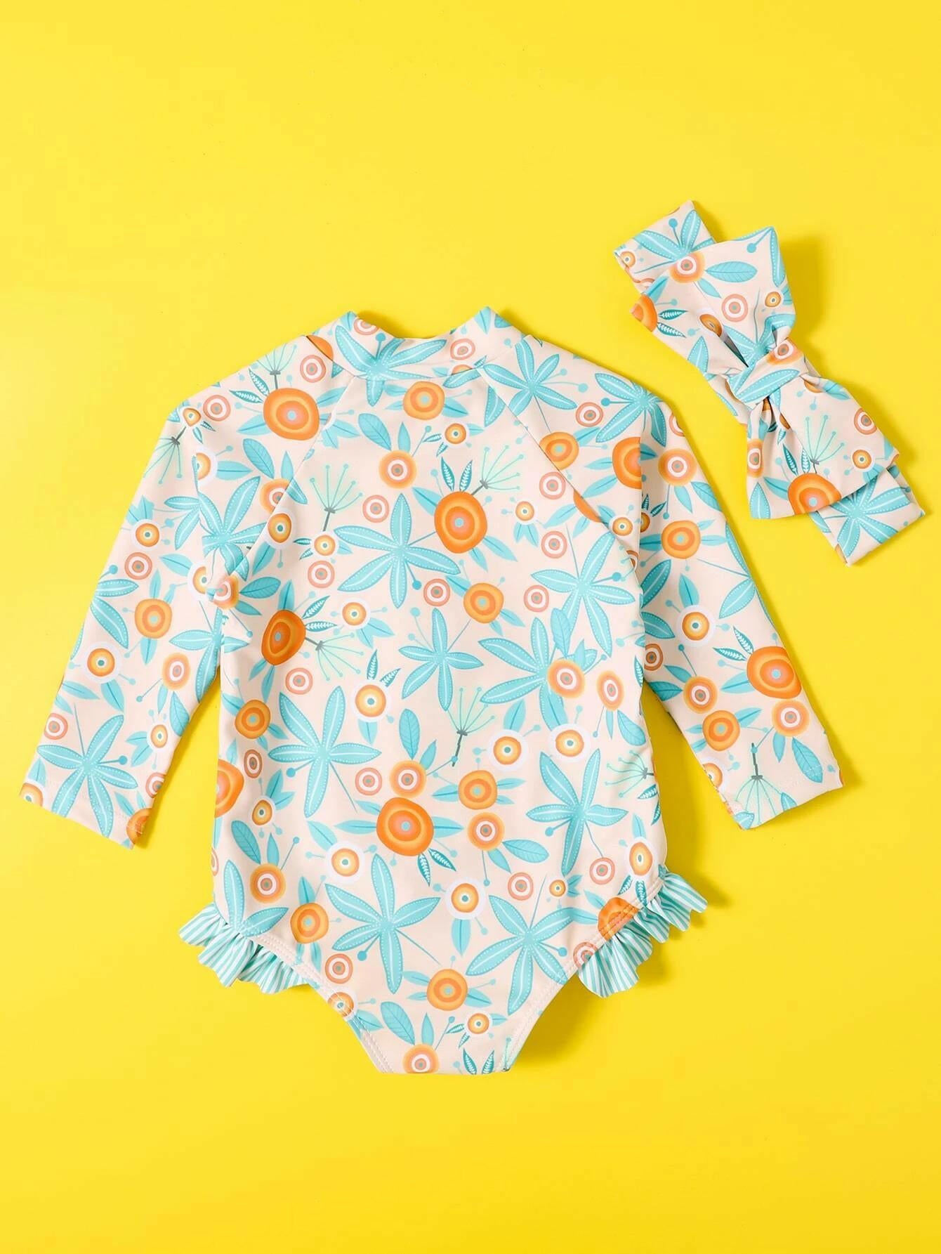 Baby Girl Leaf Graphic Ruffle One Piece Swimsuit