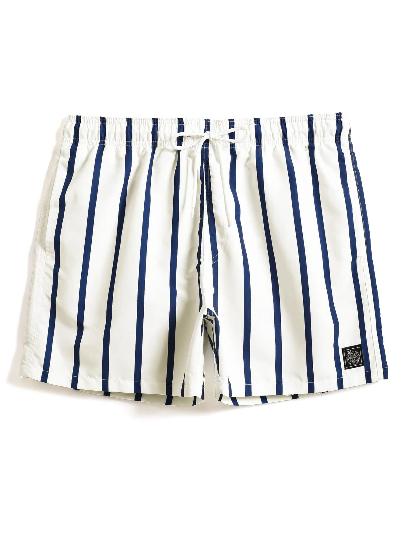 Men's swim shorts with striped pattern and letter patched details, featuring adjustable drawstring waist. These swim shorts display a stylish striped design and eye-catching letter patches, creating a unique aesthetic. The drawstring waist ensures a comfortable fit, making them suitable for various water activities. A trendy and expressive option in men's swimwear, blending pattern and detailing with functionality for a distinctive beach or pool ensemble.