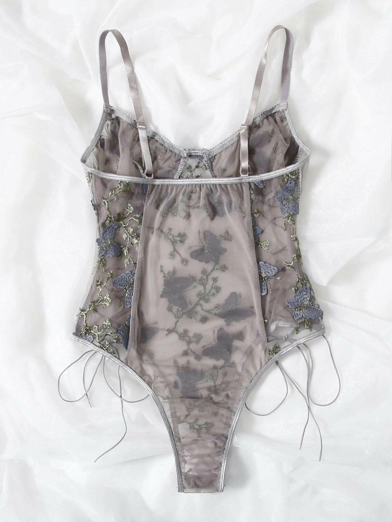 Gray Butterfly Embroidered Mesh Teddy Bodysuit